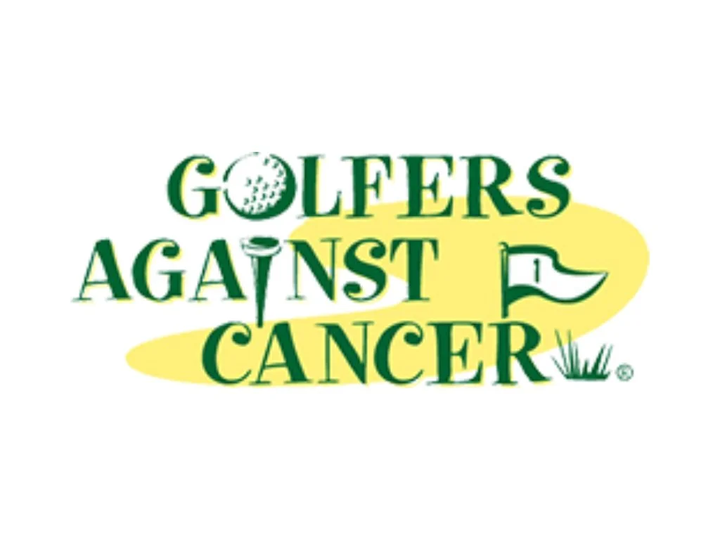 Golfers Against Cancer logo featuring green text, a golf ball, flag, and yellow oval background