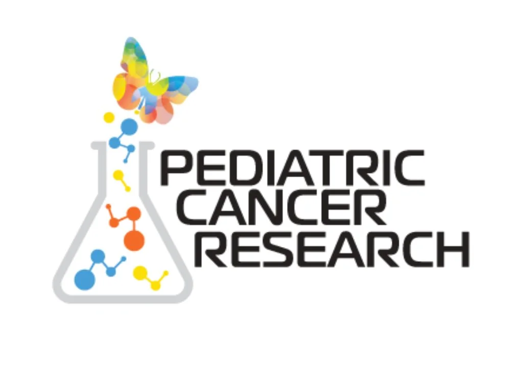 Pediatric Cancer Research logo featuring a colorful butterfly above a laboratory flask with molecular symbols