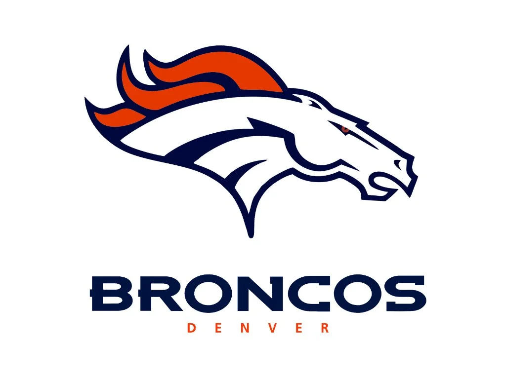 Denver Broncos logo featuring a white horse head with an orange mane above the words “BRONCOS DENVER.”