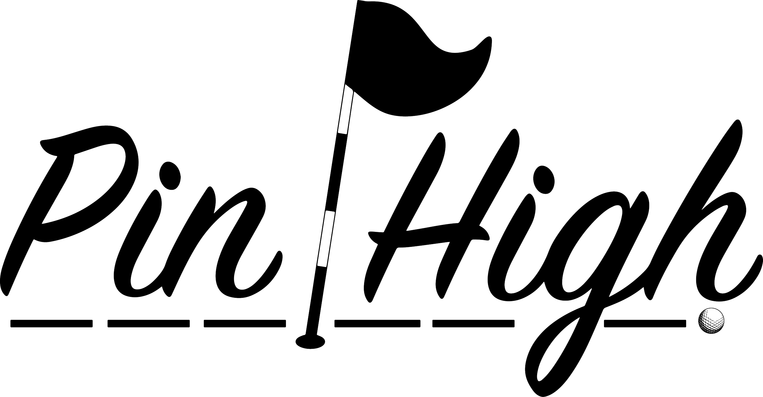 Stylized black-and-white graphic logo featuring the word “Pin High" in large cursive lettering and a central streetlamp silhouette.