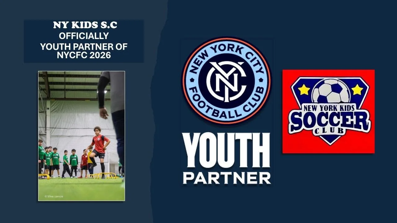 NY Kids Soccer Club announced as New York City FC youth partner for 2026, with youth soccer players training indoors and club logos.