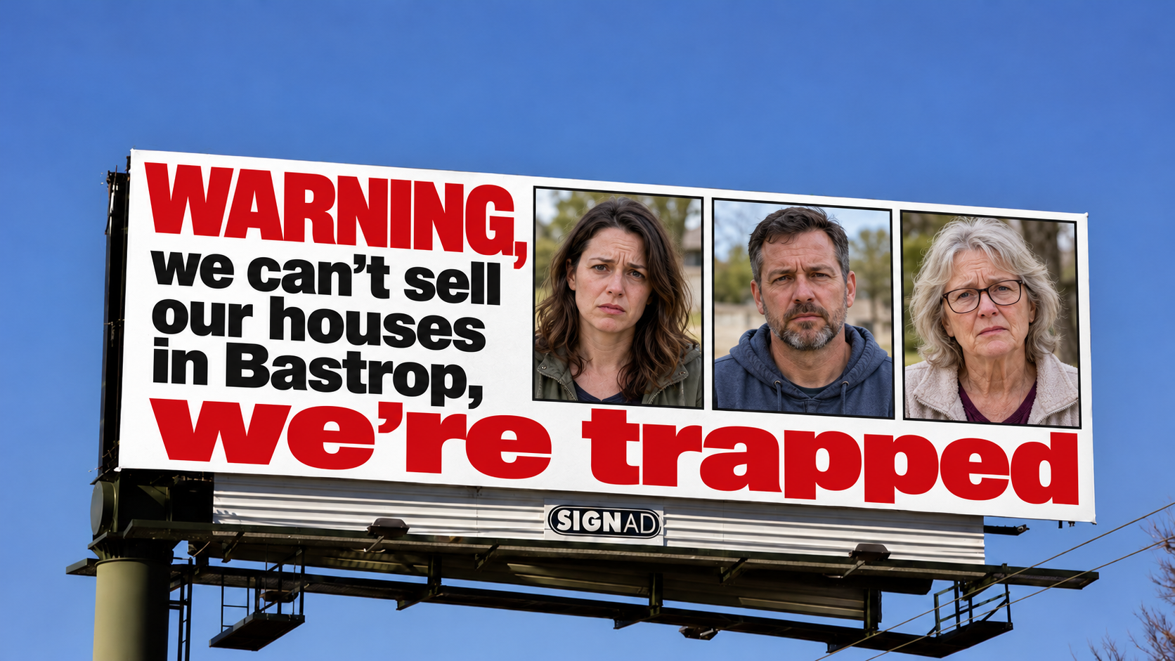 Billboard reading “Warning, we can’t sell our houses in Bastrop, we’re trapped,” with portraits of three concerned residents.