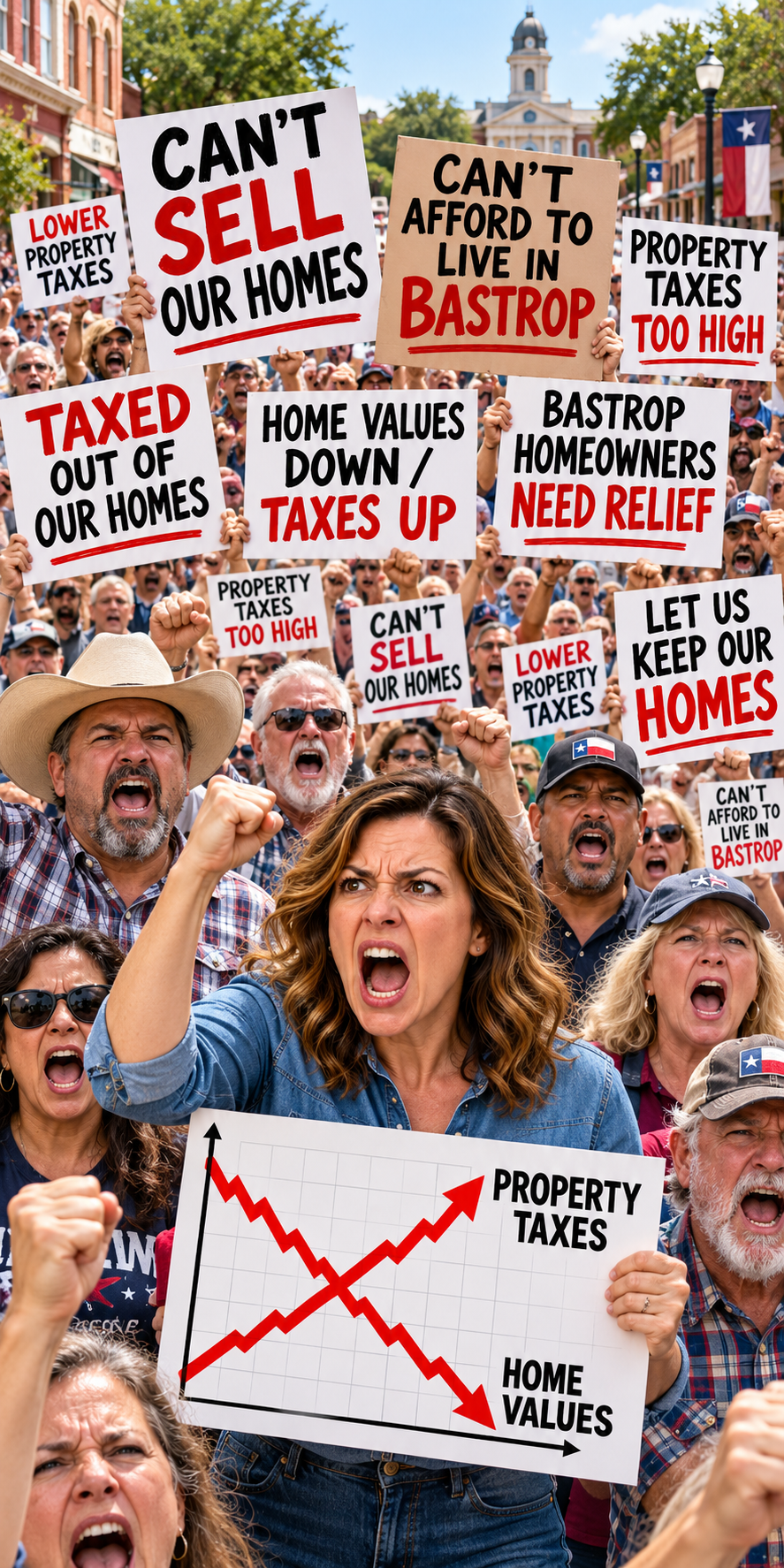 Bastrop homeowners protesting high property taxes in downtown Bastrop, Texas.