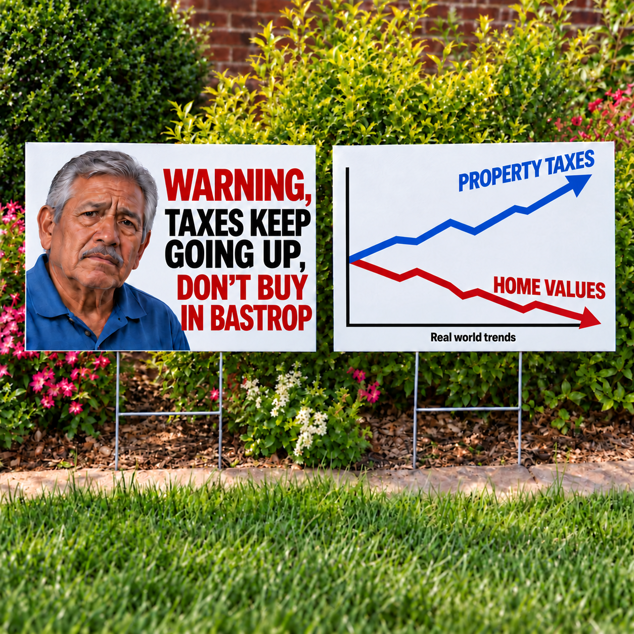 Two yard signs warn against buying in Bastrop as property taxes rise while home values decline.