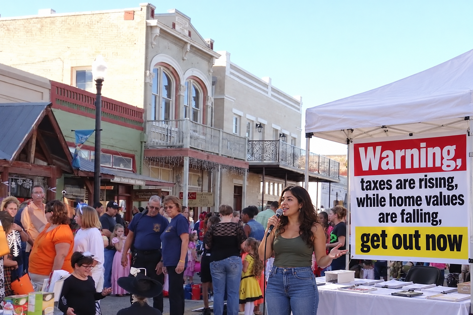 Woman speaking into a microphone “Warning, taxes are rising, while home values are falling, get out now”.