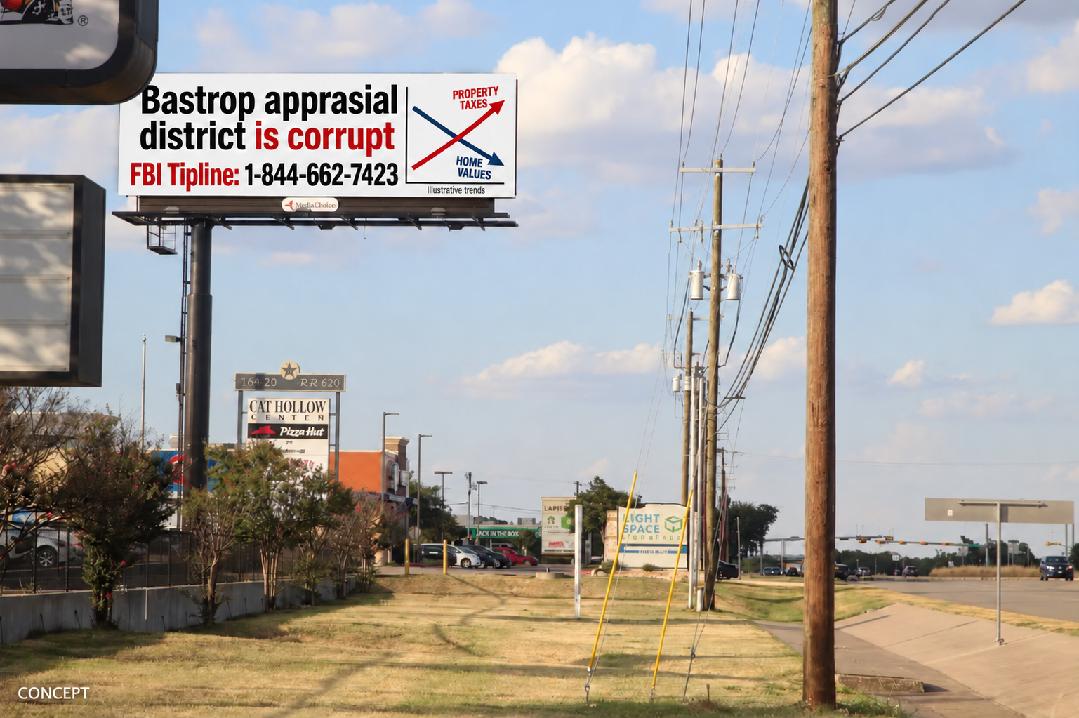 Roadside billboard alleging Bastrop appraisal district corruption, with FBI tipline number.