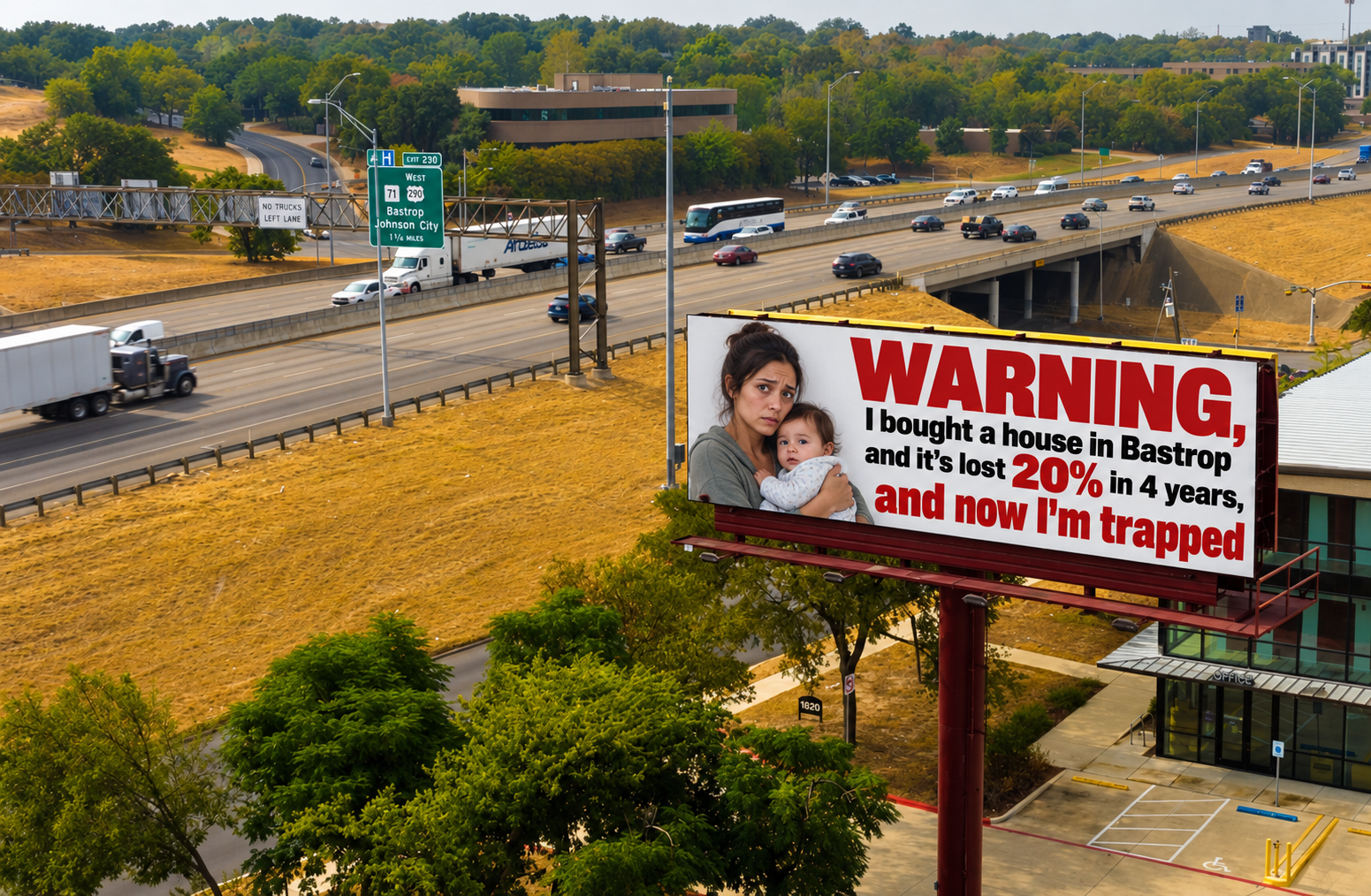 Billboard warning that a house in Bastrop lost 20% value in four years beside a busy Texas highway interchange.