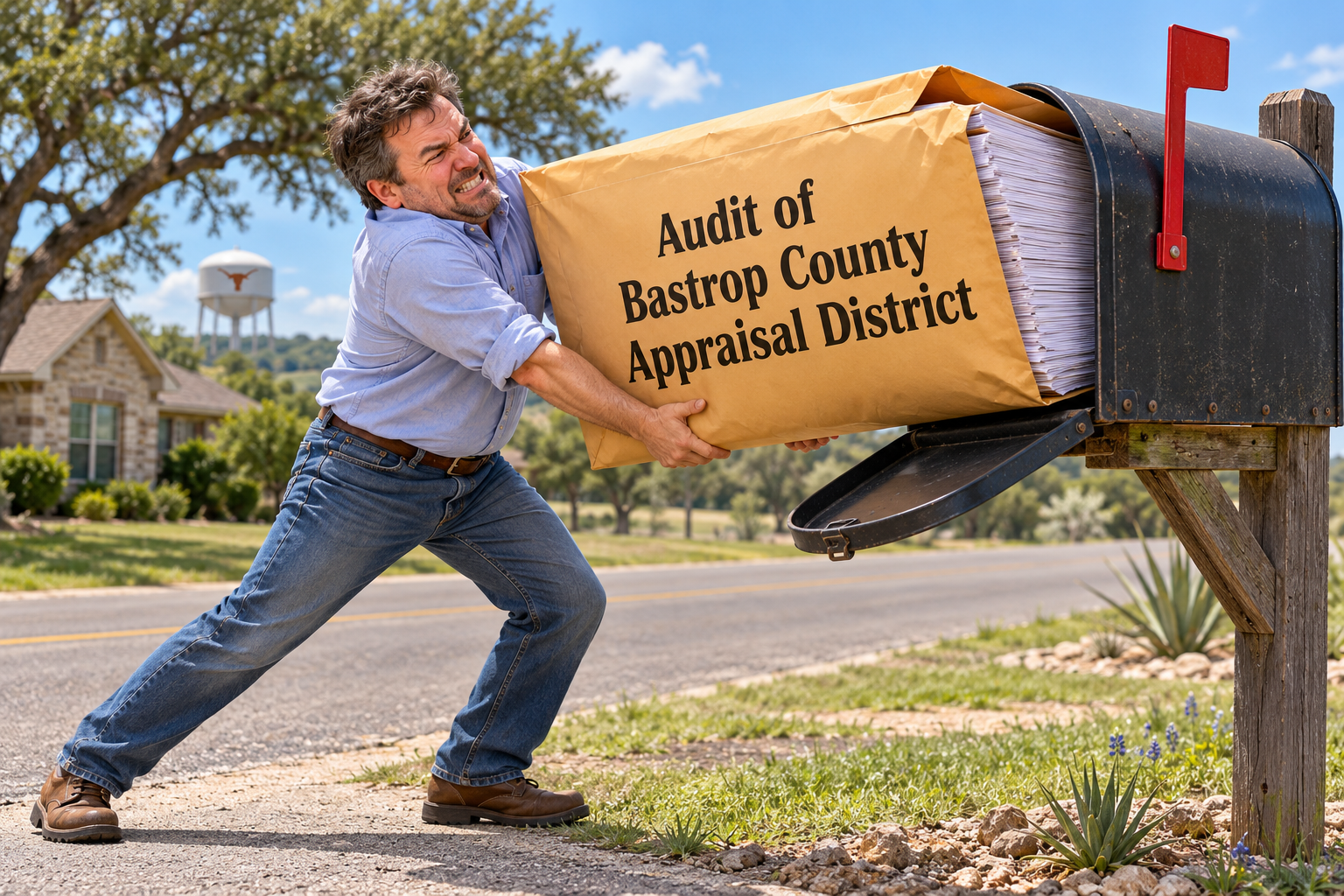 Man loads a large envelope labeled “Audit of Bastrop County Appraisal District” into a rural mailbox.