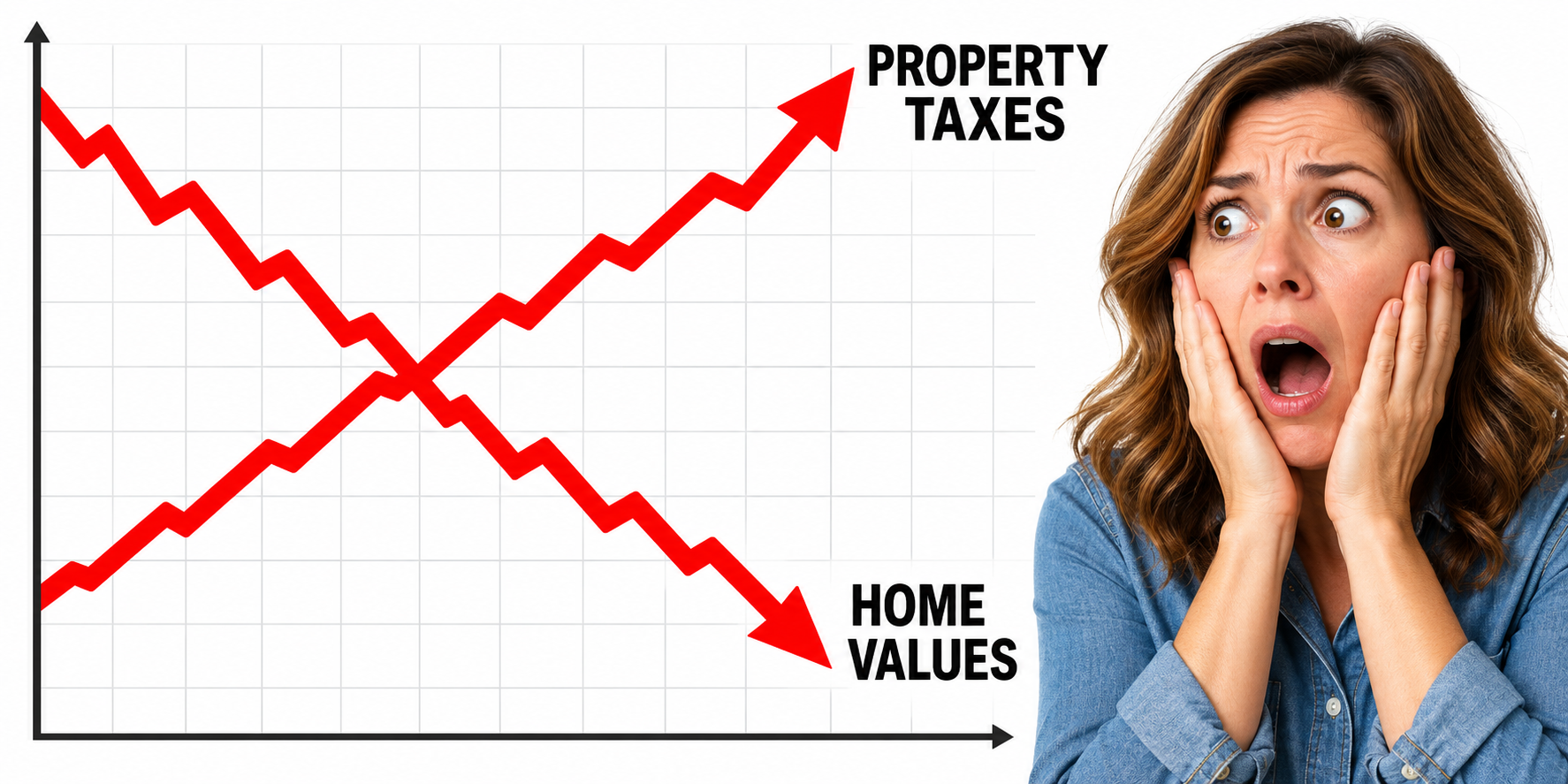 Worried woman beside a chart showing rising property taxes and declining home values.