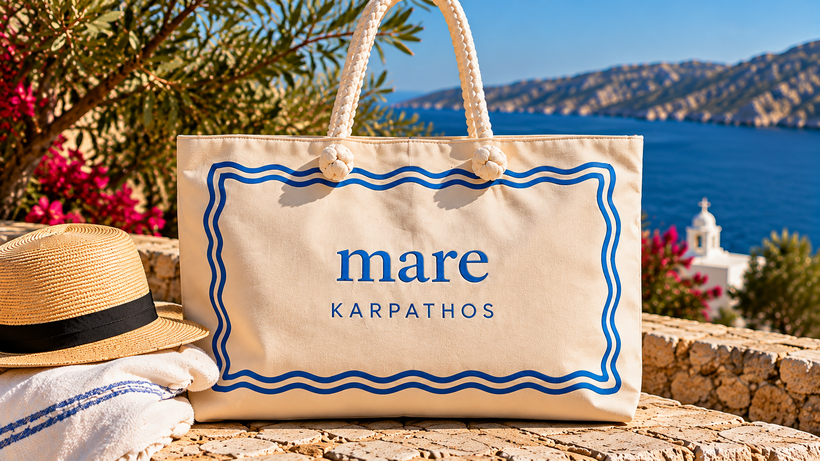 Mare Karpathos beach bag, sun hat, and towel overlooking the Aegean Sea and Greek island coastline