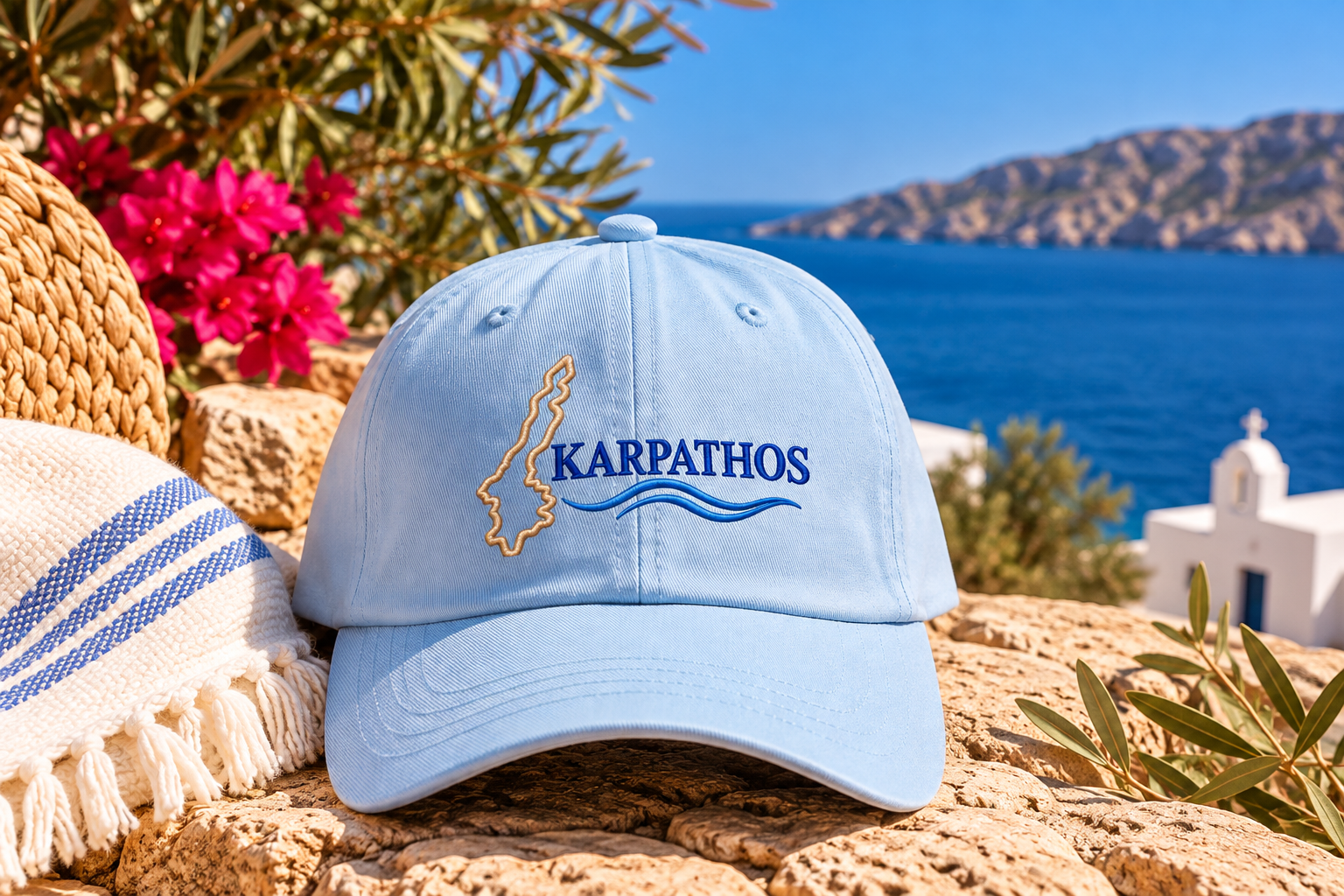 Light blue Karpathos baseball cap on sunlit rocks overlooking the Aegean Sea, with Greek island coastline, church, pink flowers, and woven beach blanket.