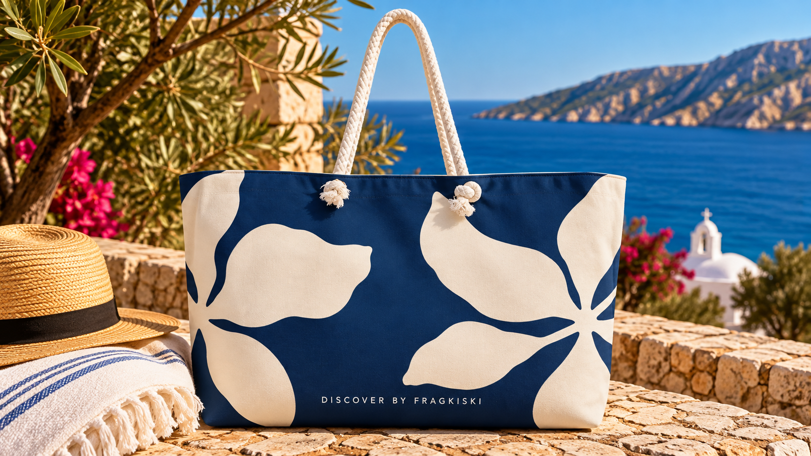Navy and cream floral beach tote with rope handles, straw hat, and towel overlooking a Greek island coastline