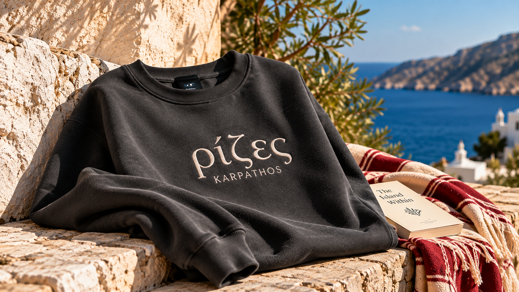 Black Karpathos sweatshirt with Greek lettering, book, and red blanket overlooking a blue sea and rocky coastline