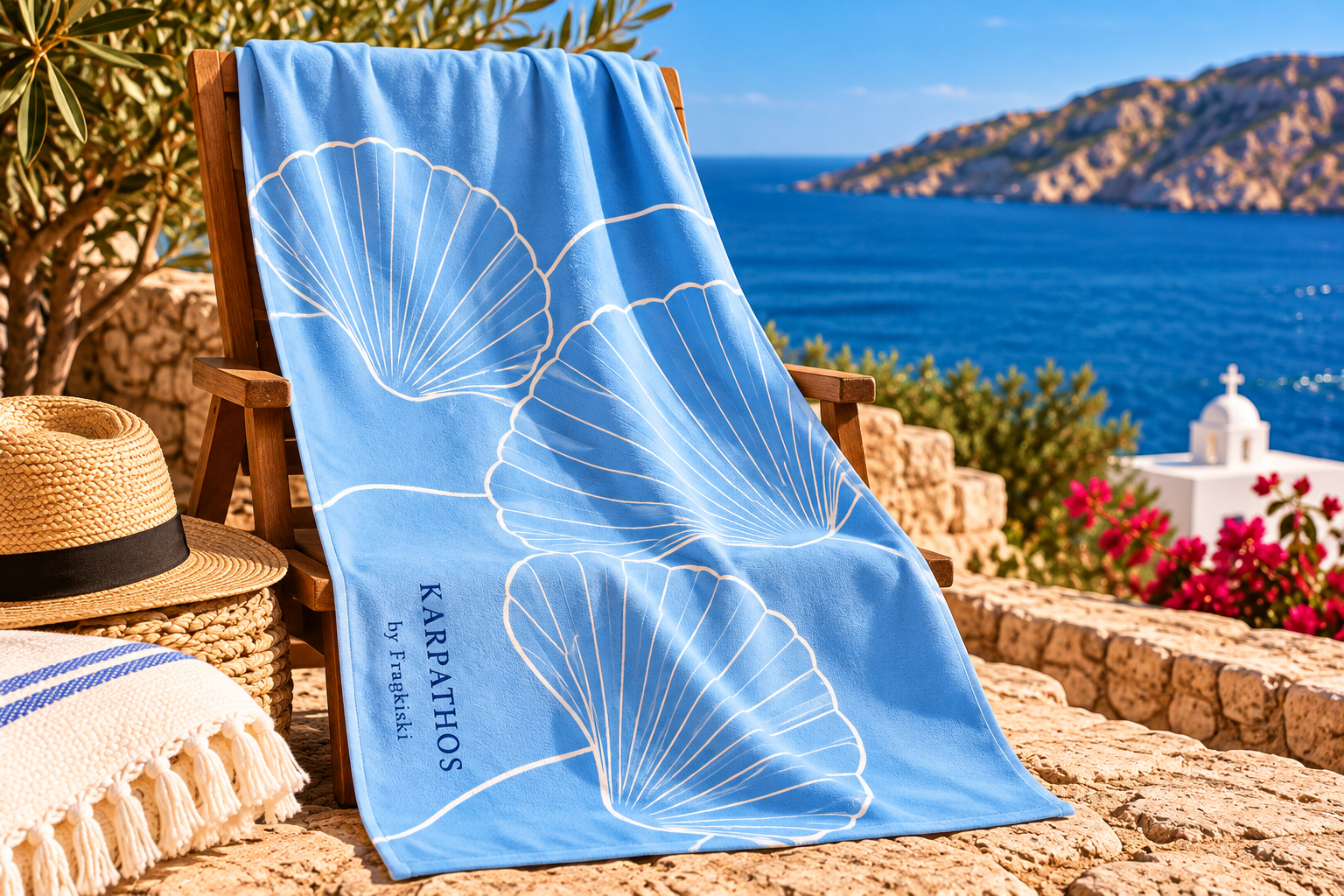 Blue shell-patterned beach towel draped over a wooden lounge chair overlooking the Mediterranean Sea, with a straw hat, Greek island coastline, and white seaside chapel.