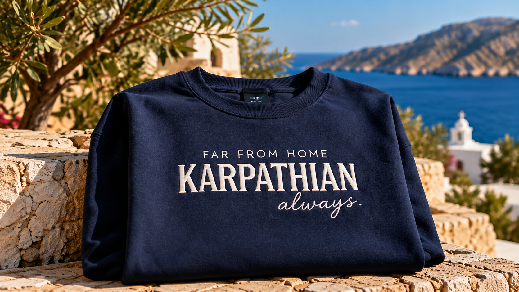 Navy sweatshirt reading “Far from home, Karpathian always” displayed on a sunlit stone terrace overlooking the sea and coastal mountains.