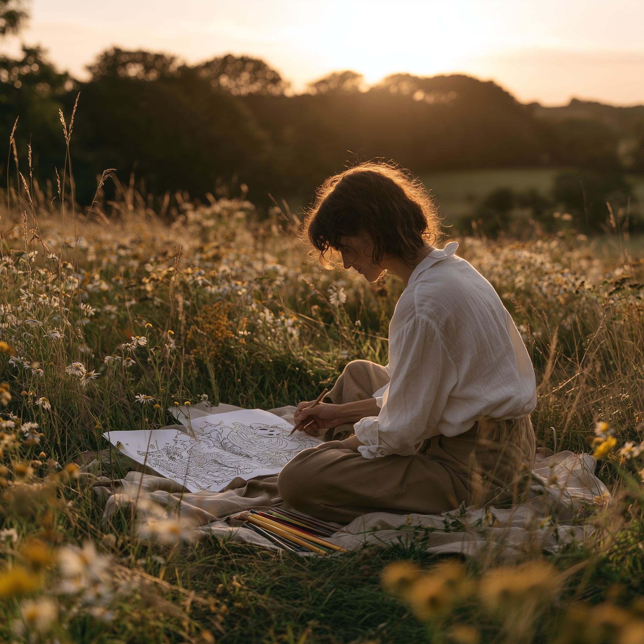 Artist coloring in a wildflower while sitting in a meadow at sunset