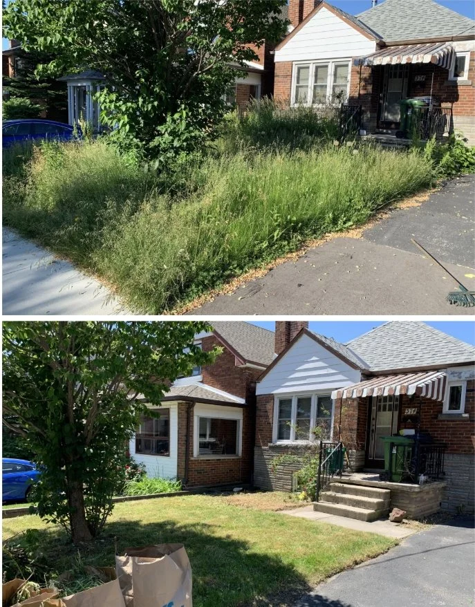 Before-and-after photos of a brick bungalow yard transformed from overgrown grass and weeds to a freshly mowed lawn.