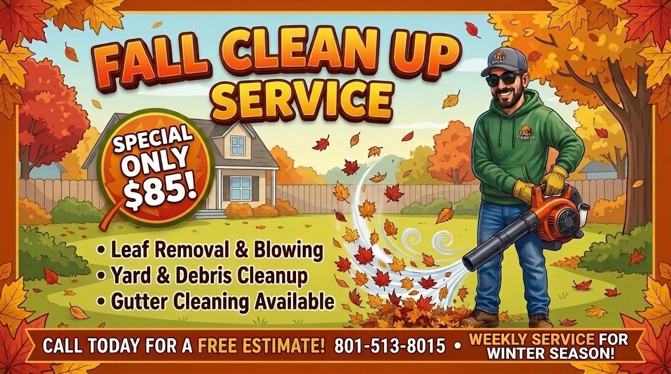 Fall cleanup service advertisement featuring a worker using a leaf blower, $85 special, leaf removal, yard debris cleanup, gutter cleaning, and phone number 801-513-8015.