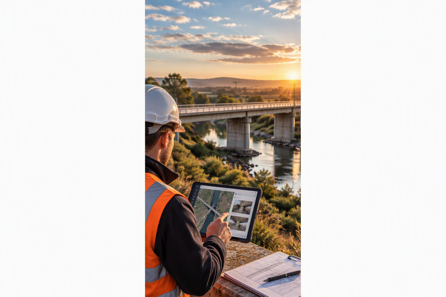 Construction engineer in a hard hat and safety vest inspecting a bridge over a river with a tablet at sunset