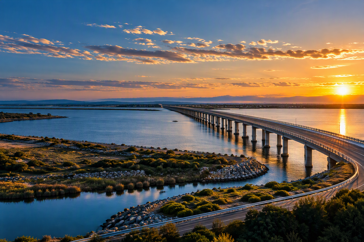 Sunset over a long highway bridge crossing a calm bay, with coastal wetlands and winding shoreline roads in the foreground.