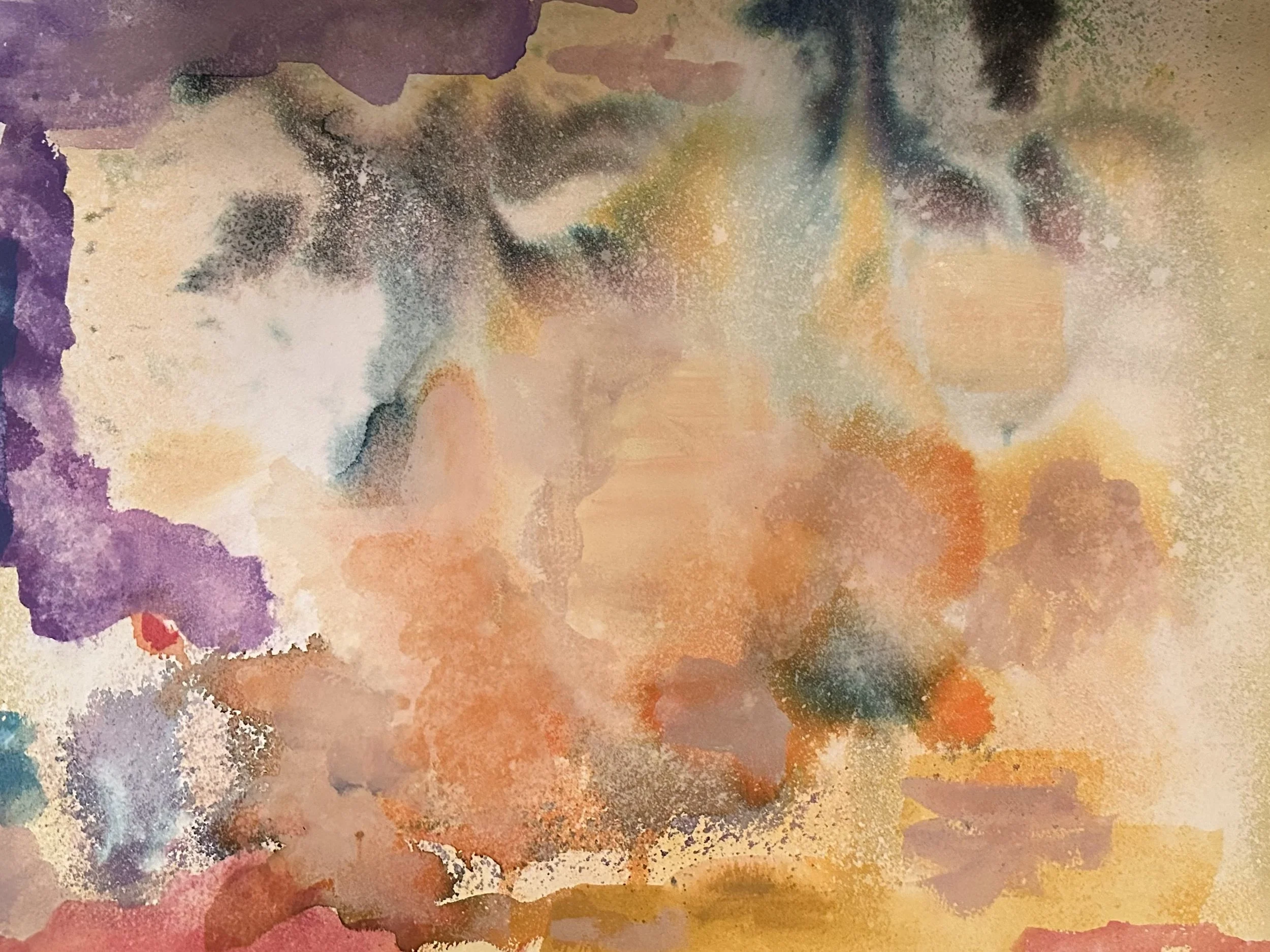 Abstract watercolor painting with layered purple, orange, peach, teal, and yellow washes