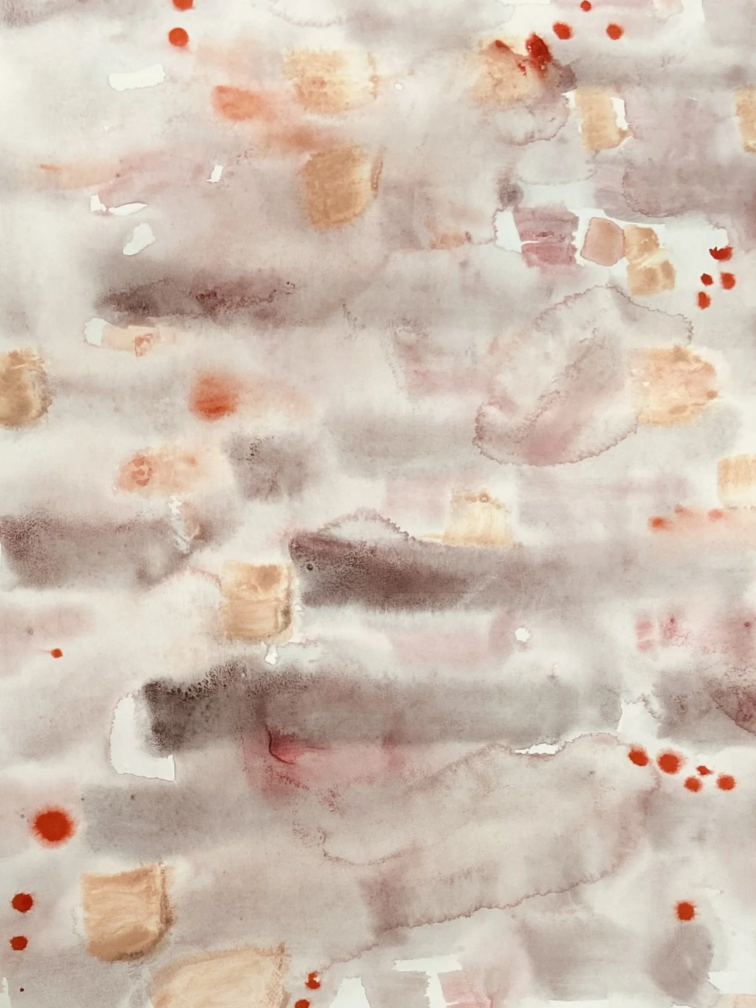 Abstract watercolor painting with soft pink, peach, lavender, and gray brushstrokes accented by scattered red dots.