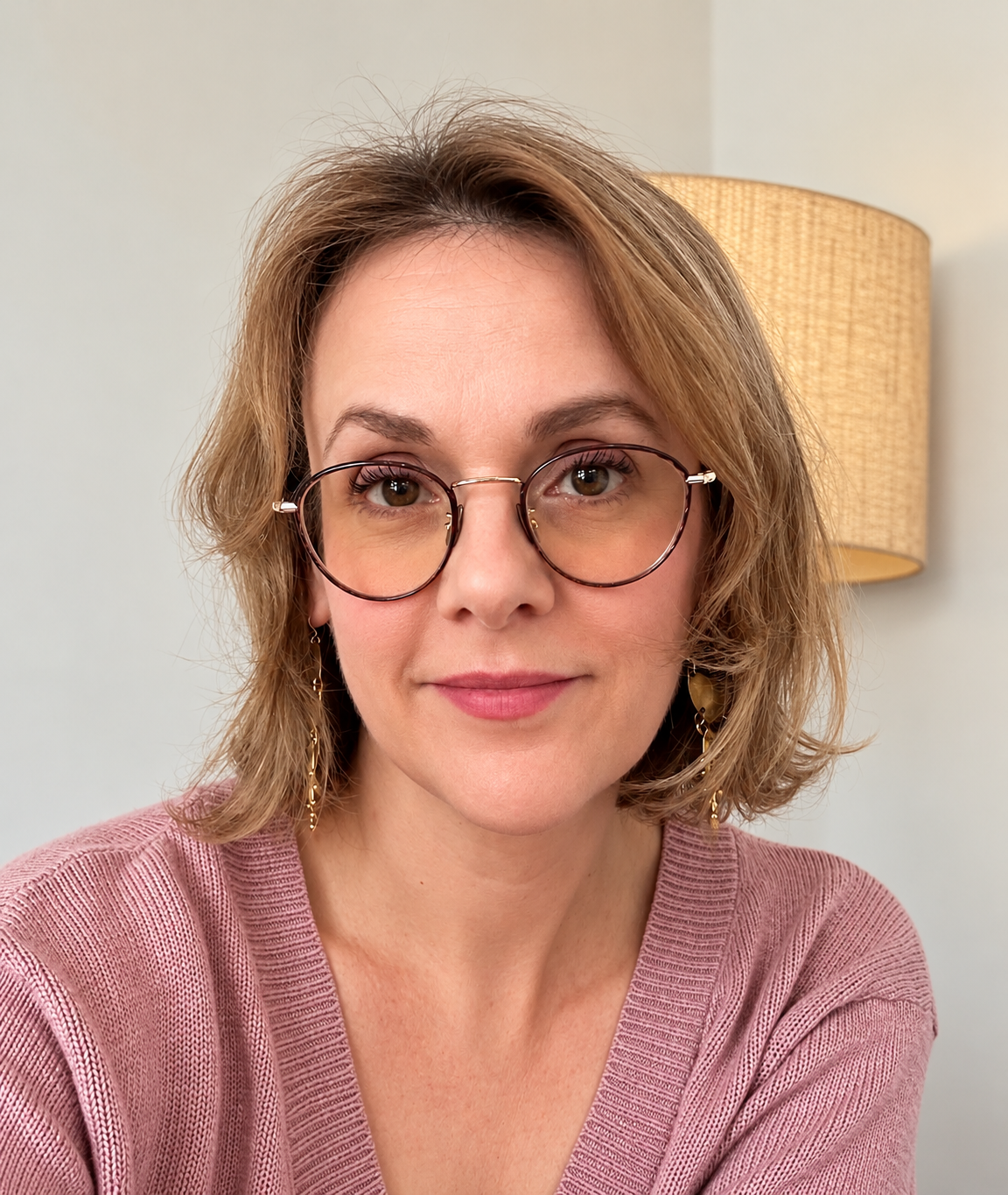 Portrait of a smiling woman wearing round glasses, gold earrings, and a pink cardigan indoors