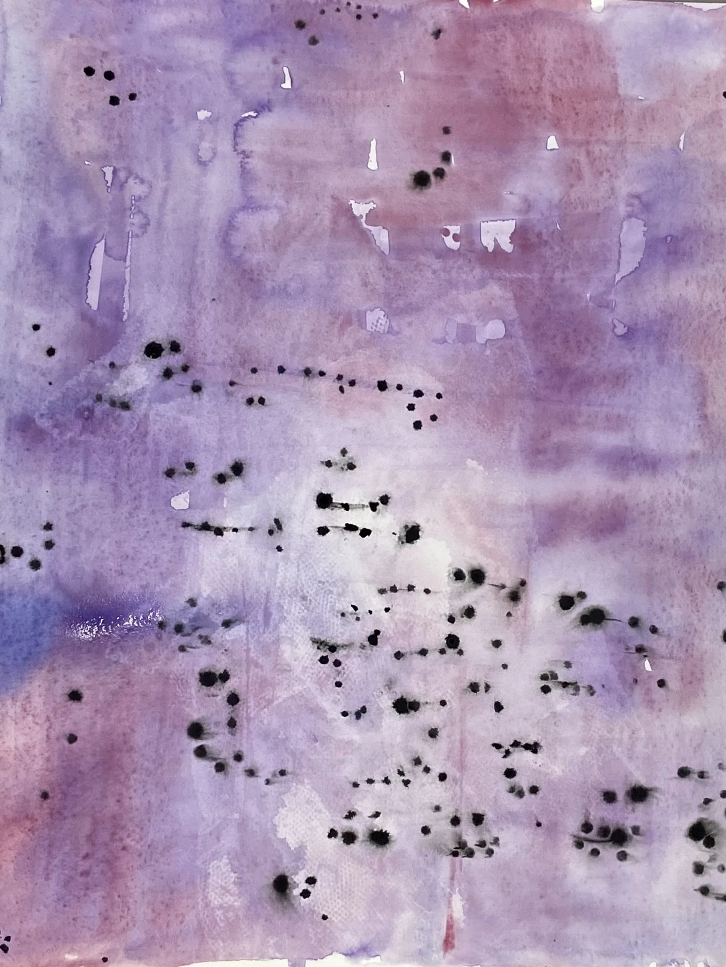Abstract purple and pink watercolor painting with scattered black dots and white paint marks
