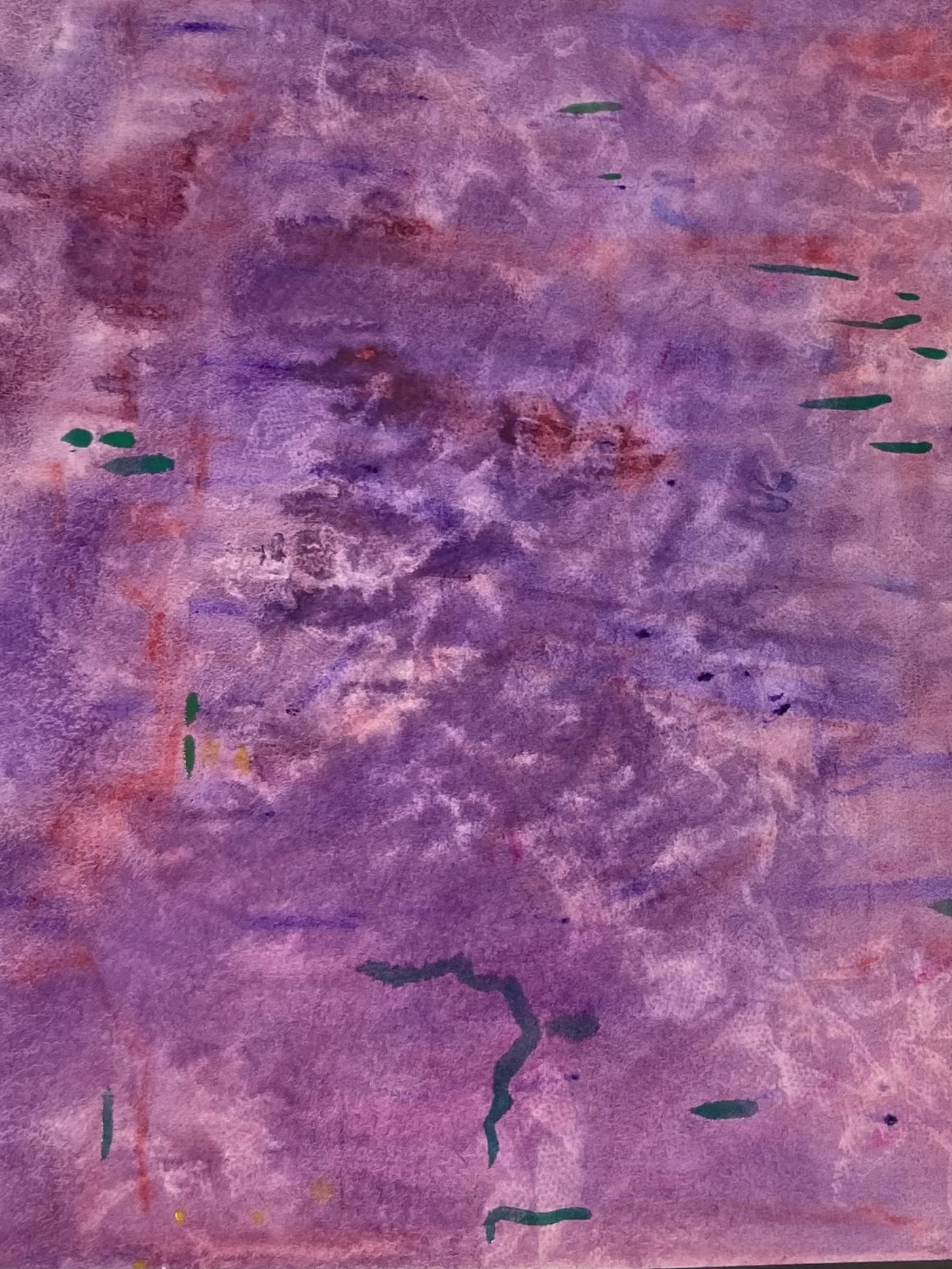 Abstract purple and pink watercolor painting with textured brushstrokes and scattered dark green marks