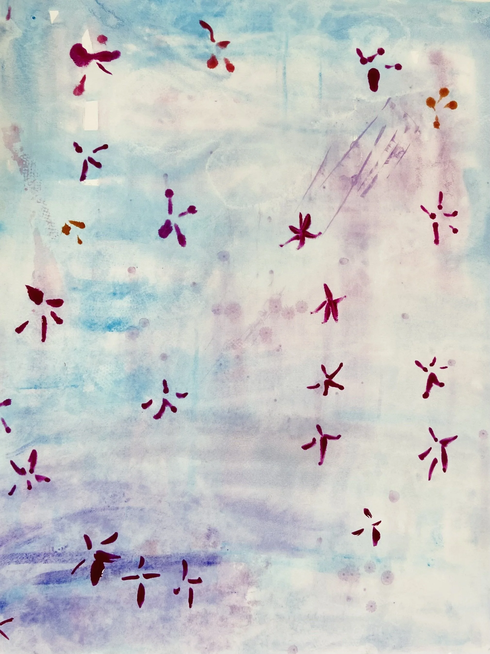 Abstract watercolor painting with pale blue, pink, and lavender washes and scattered magenta, red, orange, and purple floral-like marks.
