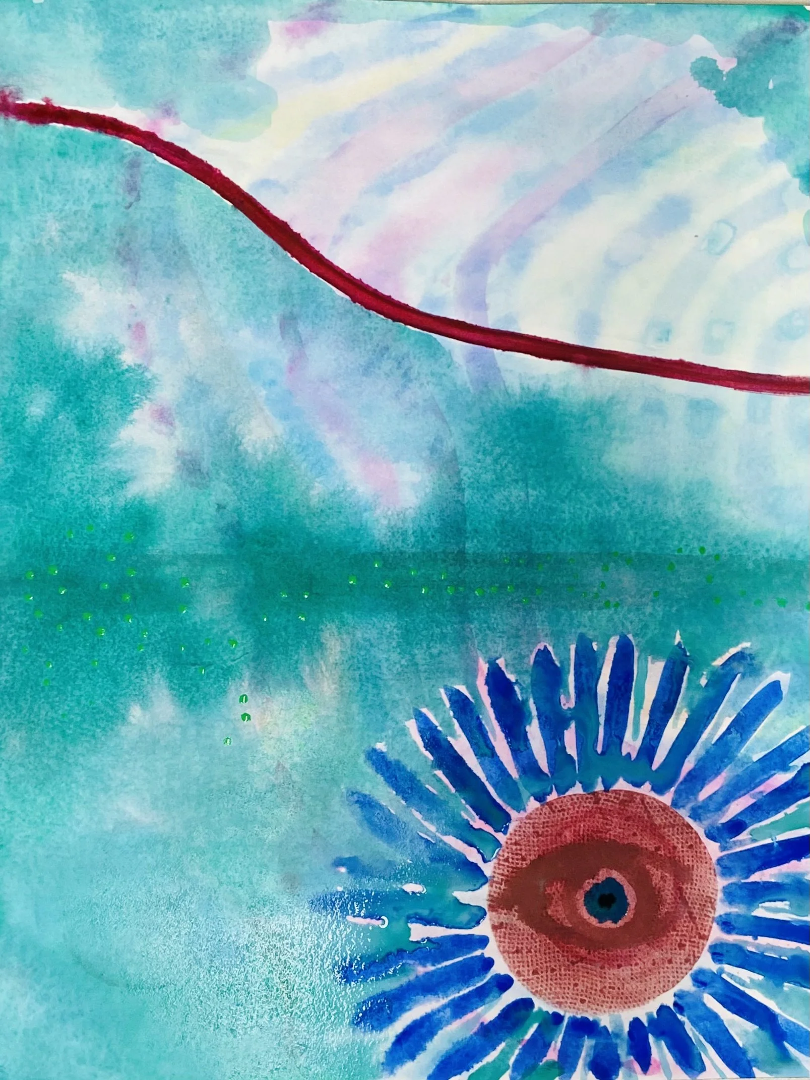 Abstract watercolor painting in turquoise and pink with a bold red curved line and a blue flower with a textured orange center.