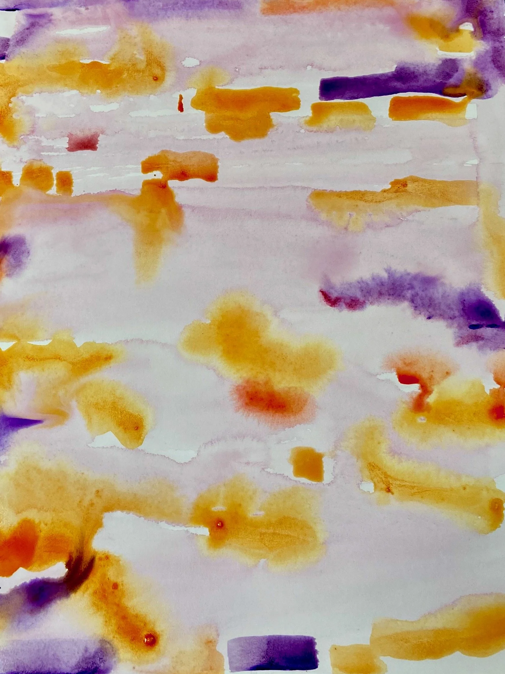 Abstract watercolor painting with overlapping purple, orange, yellow, and red brushstrokes on a pale background