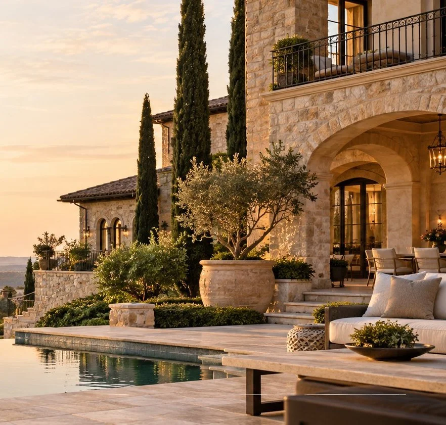 Luxury Mediterranean stone villa with cypress trees, olive trees, outdoor seating, and a pool at sunset