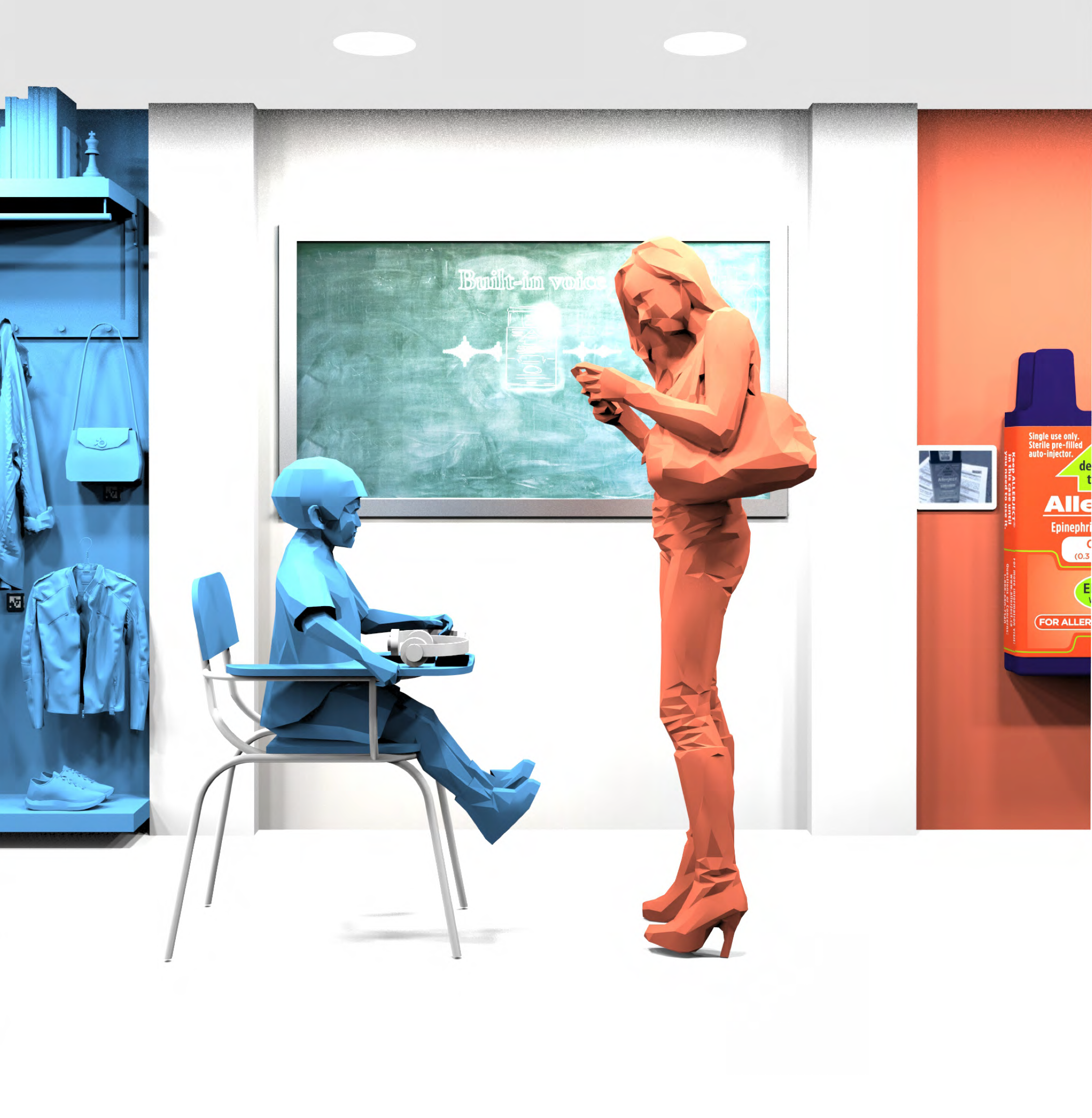 A museum-style classroom with stylized sculptures. Press-to-play audio put visitors in the shoes of an untrained caregiver performing an injection.