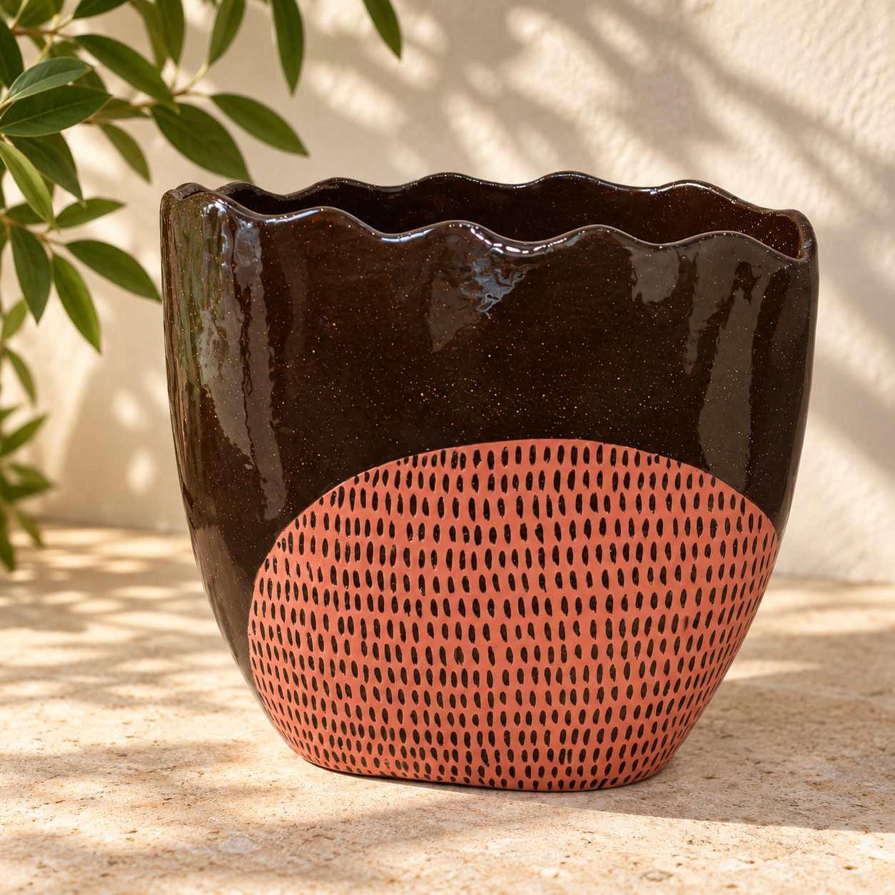 Glossy Brown Scalloped Ceramic Planter.png