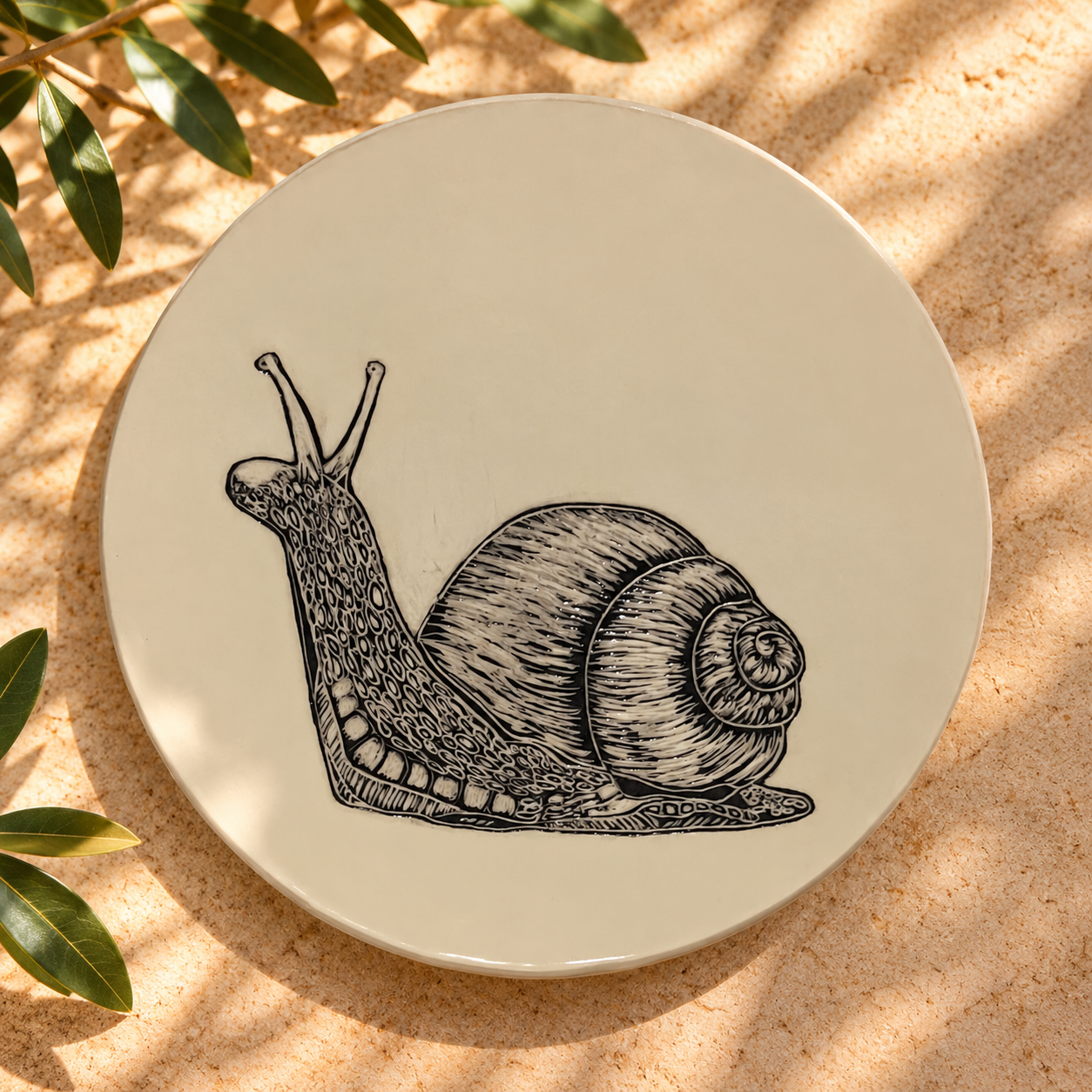 Sunlit Snail Plate with Olive Leaves.png