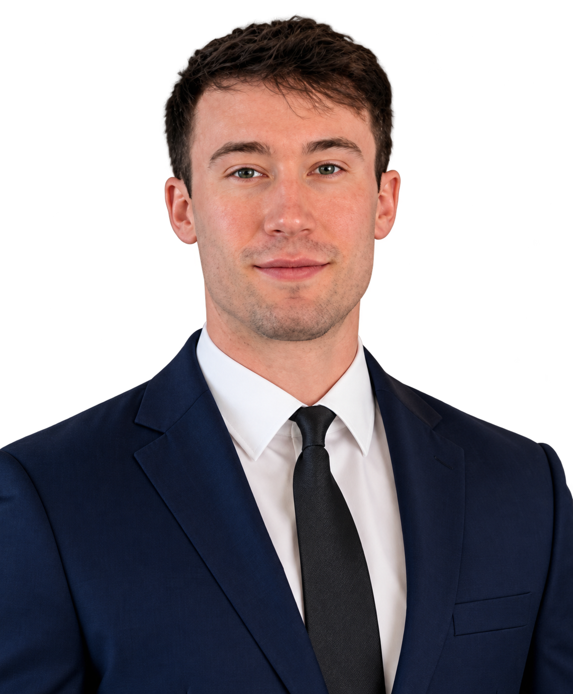 Professional headshot of a young man wearing a navy blue suit, white shirt, and black tie