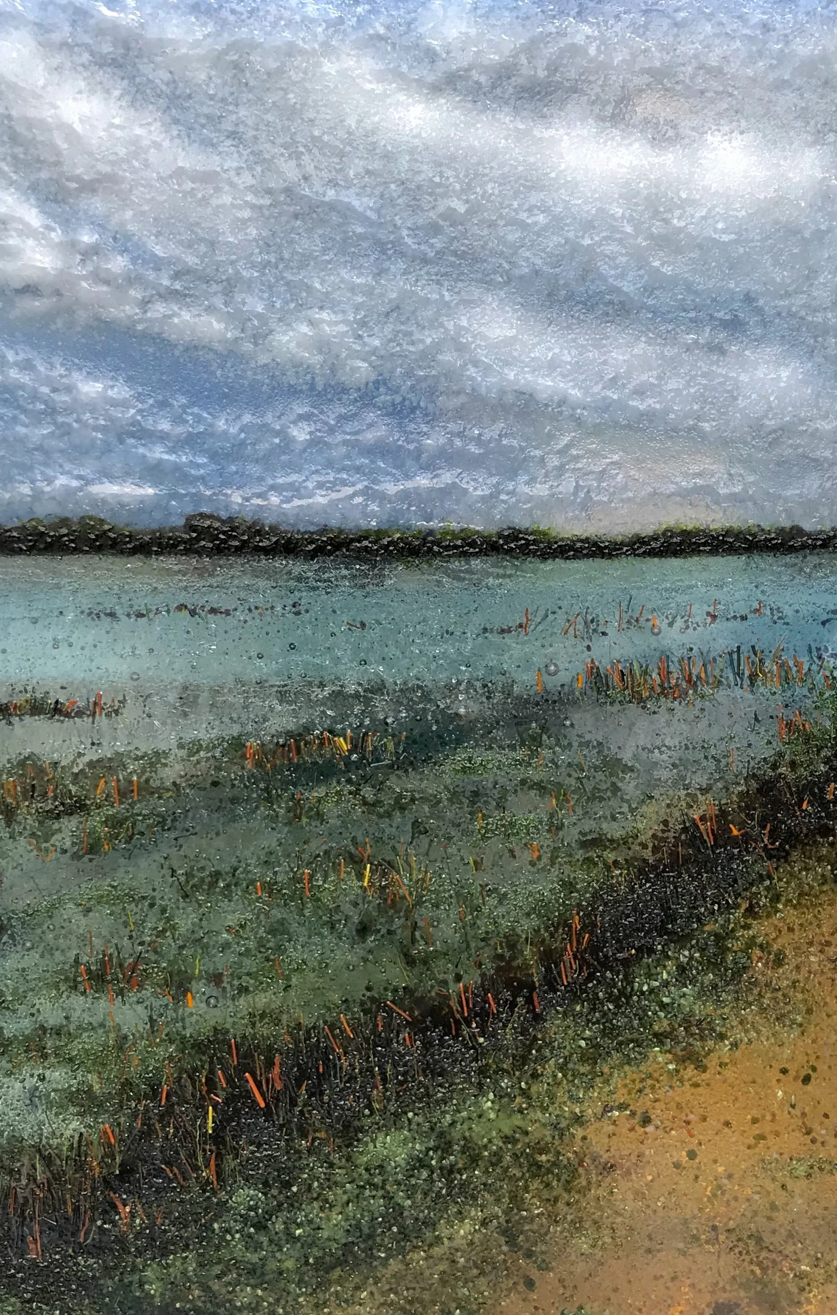 West Wittering - Glass textured landscape painting of a blue-grey marsh, cloudy sky, dark shoreline, and orange reeds in the foreground