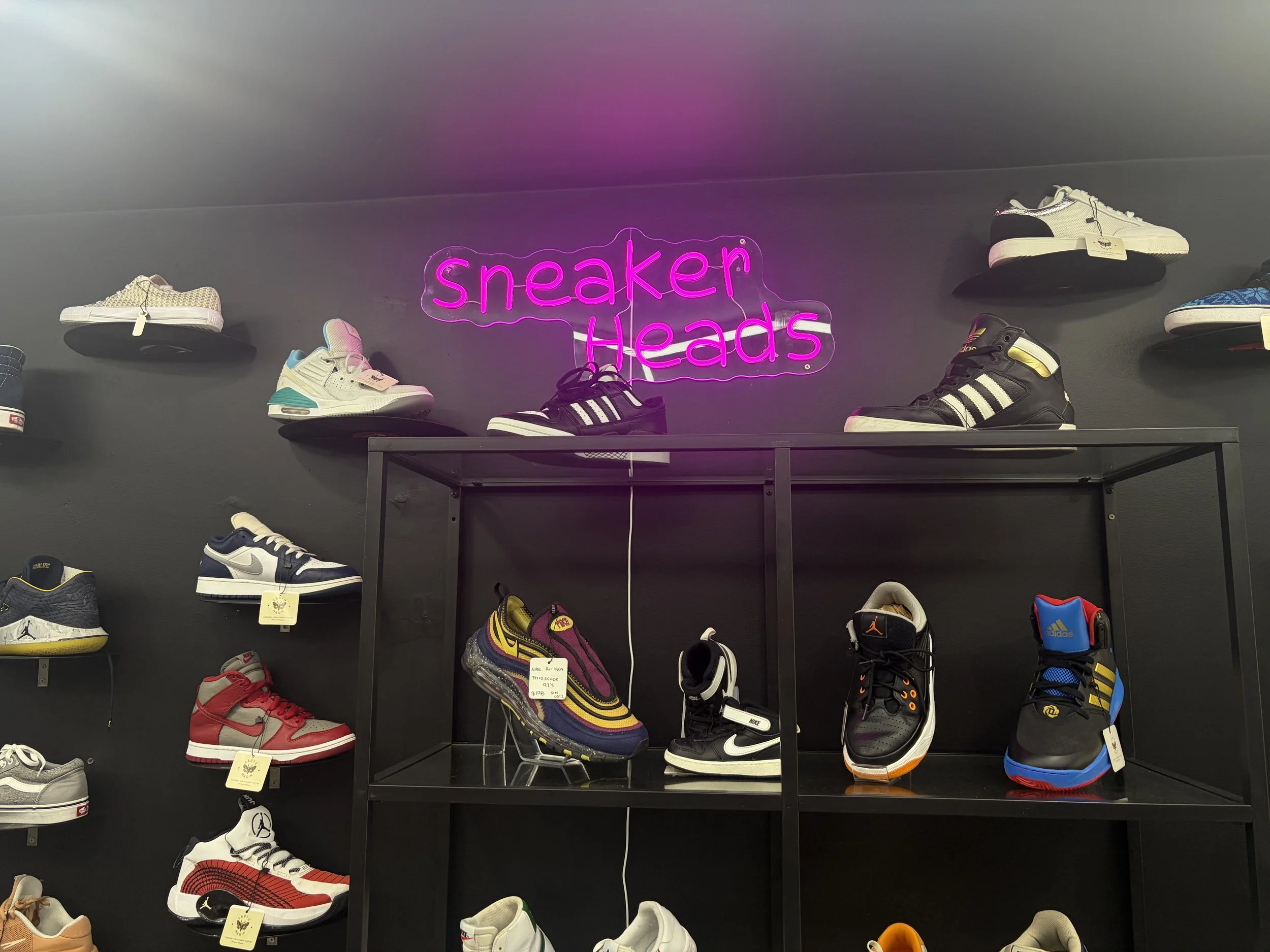 Sneaker display wall with assorted Nike, Adidas, and Jordan shoes beneath a pink neon “sneaker Heads” sign.