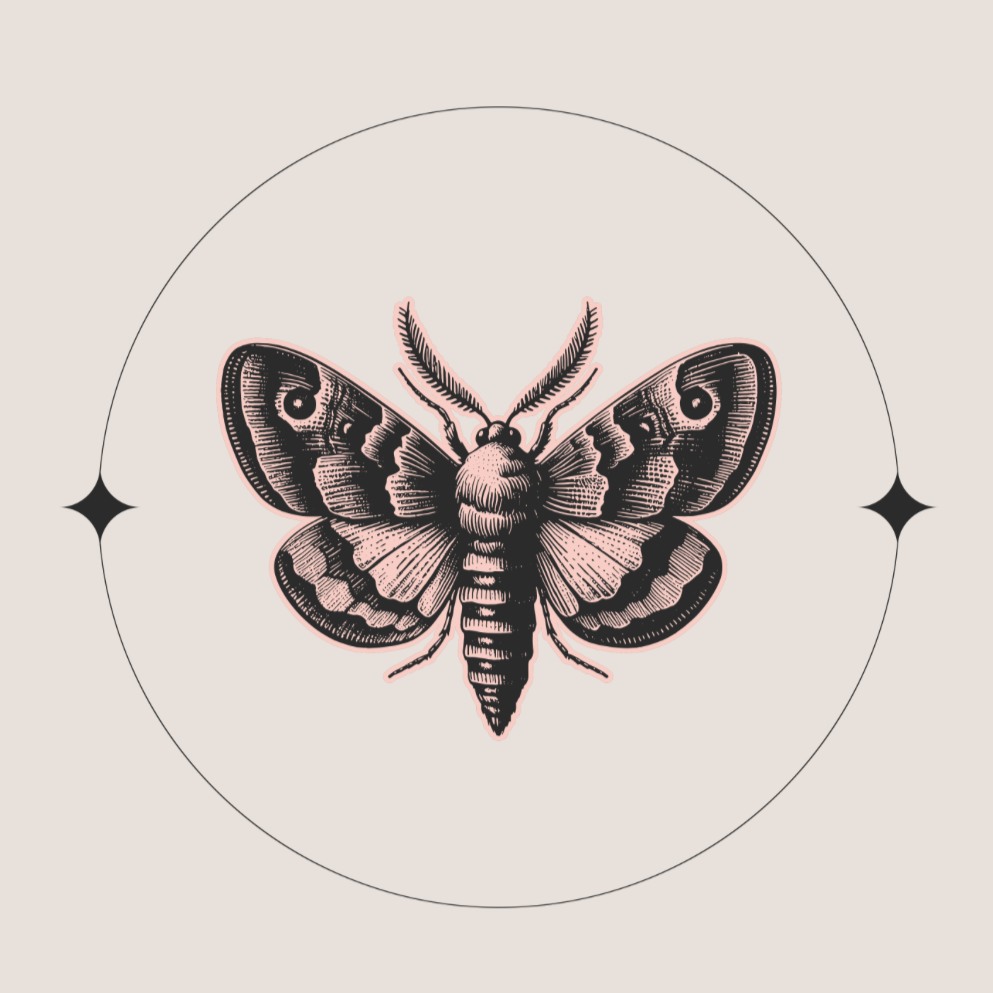 Vintage-style moth illustration with patterned wings, centered inside a thin circle with decorative black starbursts.