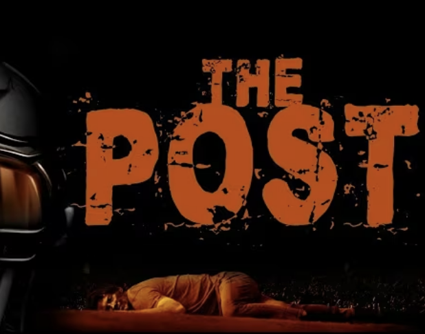 The Post movie title in distressed orange lettering above a person lying on a dark stage beside a vintage car