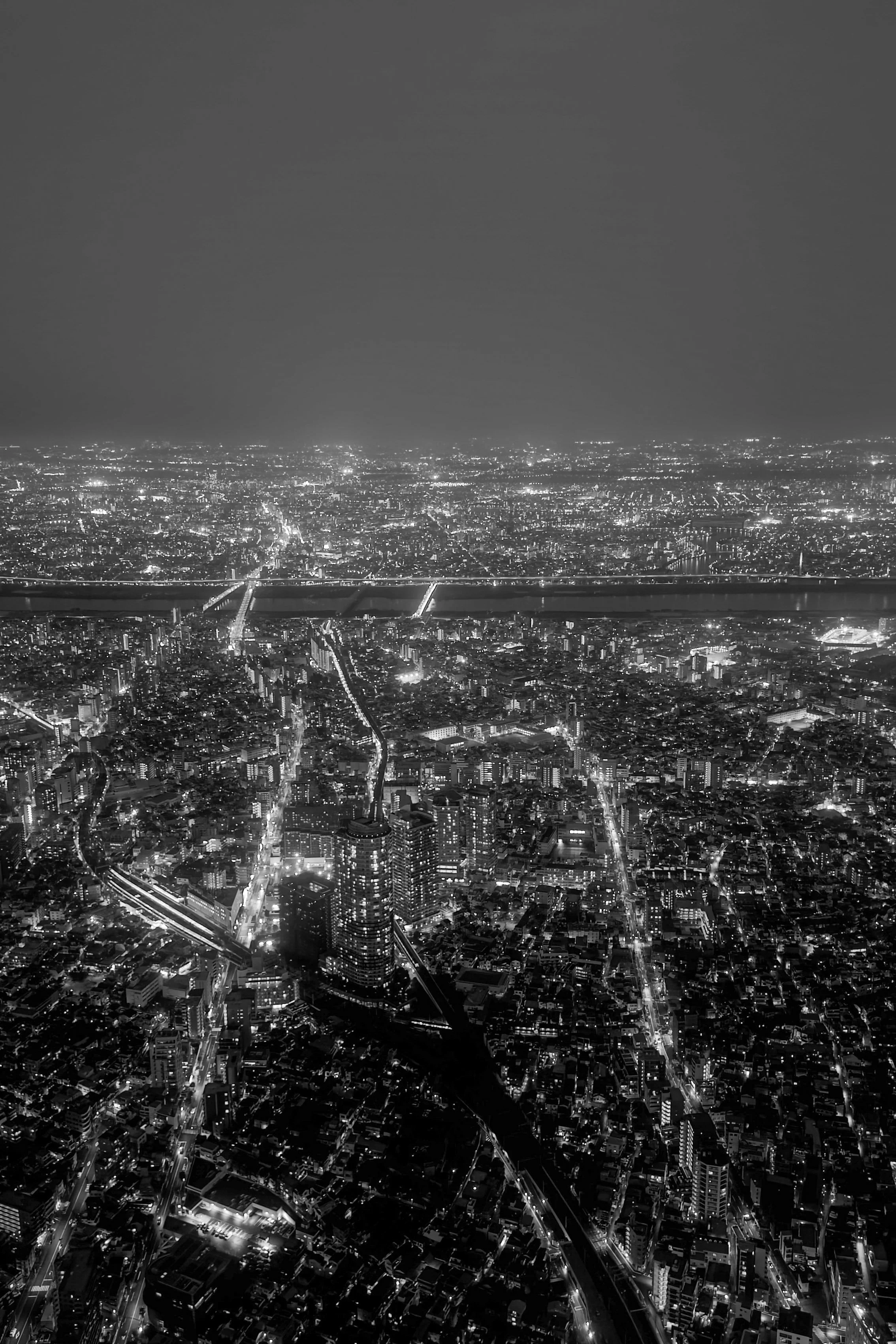 Black-and-white aerial view of a densely populated city at night, with illuminated streets, highways, high-rise buildings, and a broad river crossed by bridges.