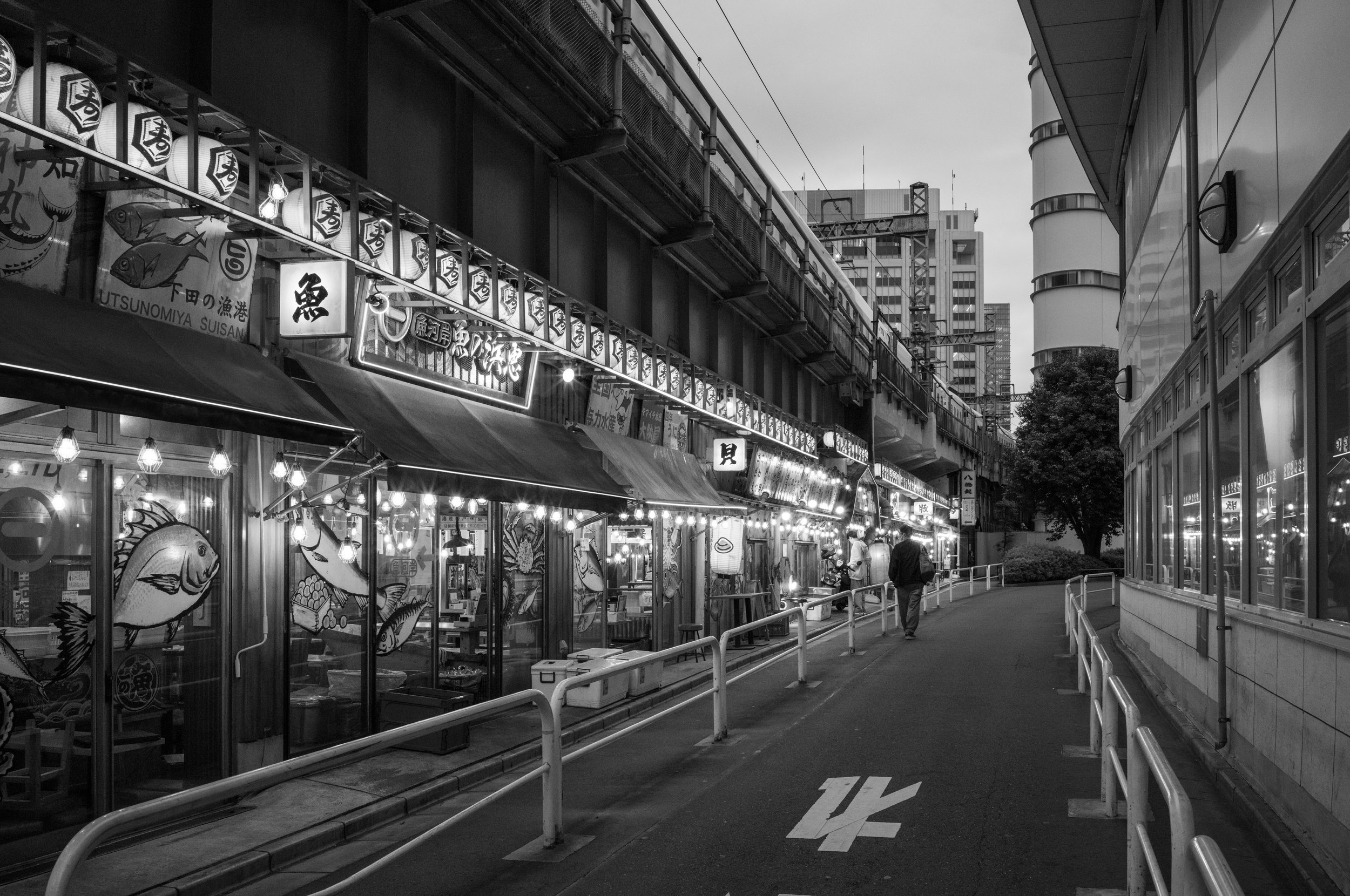 Black-and-white street scene in Tokyo featuring a row of Japanese seafood restaurants decorated with lanterns and fish murals.
