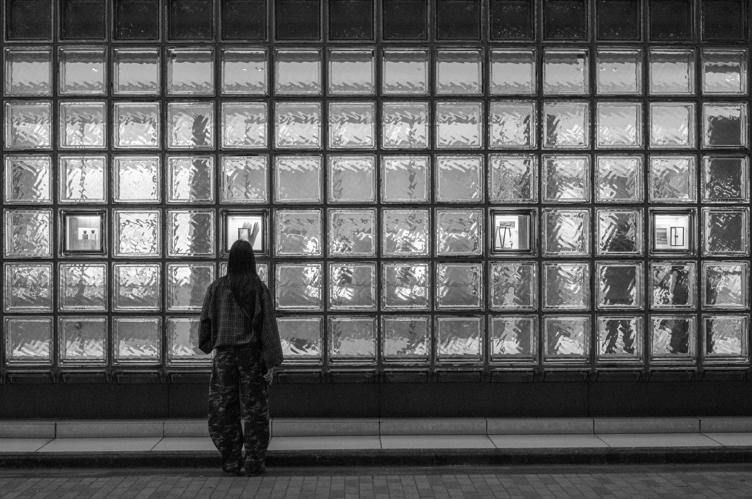 Person viewing an expansive wall of textured glass blocks with framed artworks visible behind some panels