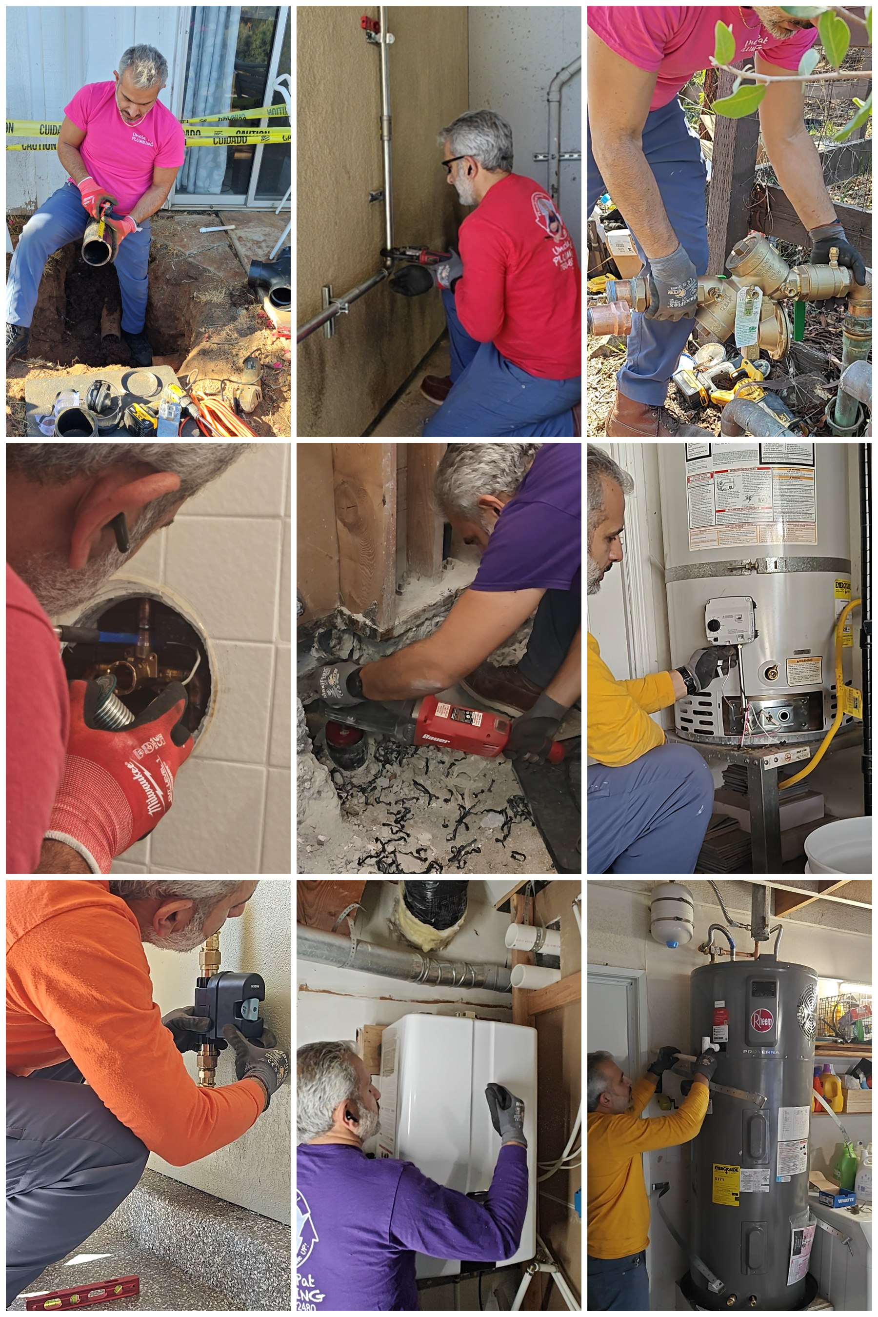 Photo collage of Pat performing residential plumbing repairs, gas line work, and water heater installations.