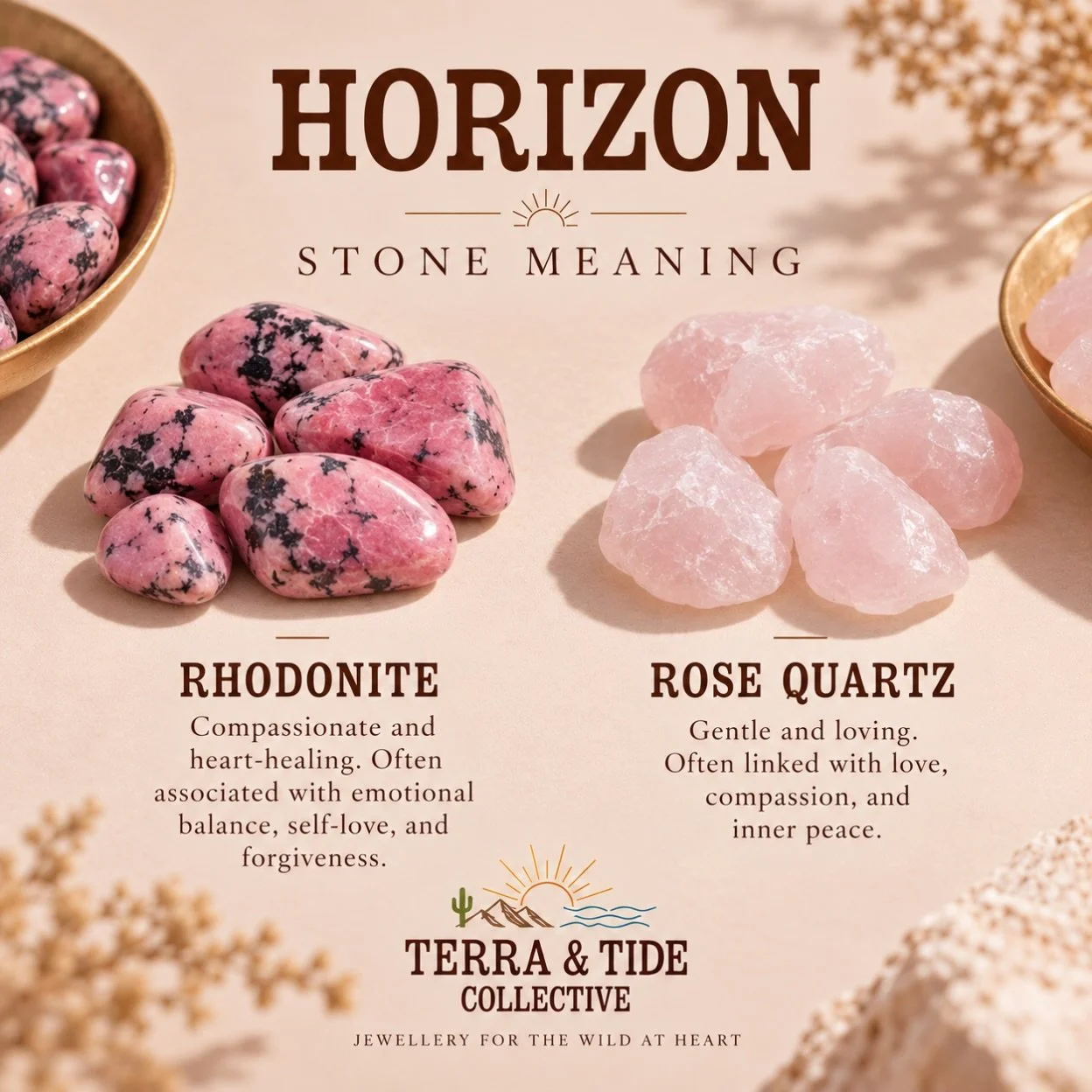 A little more about Horizon 🌸

Rhodonite is traditionally associated with emotional balance, compassion and healing.

Rose Quartz is often called the stone of love, symbolising kindness, connection and self-love.

A beautiful pairing with a little m