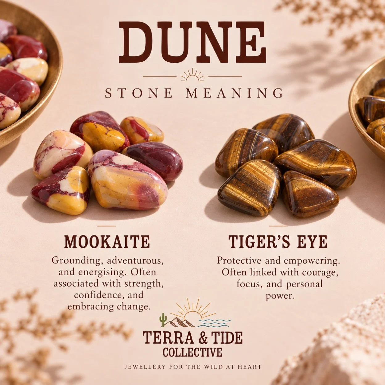 The stones behind Dune 🤎

Mookaite is traditionally associated with grounding, adaptability and strength.

Tiger&rsquo;s Eye is often regarded as a stone of confidence, courage and protection.

A little reminder to stay grounded, trust yourself and 