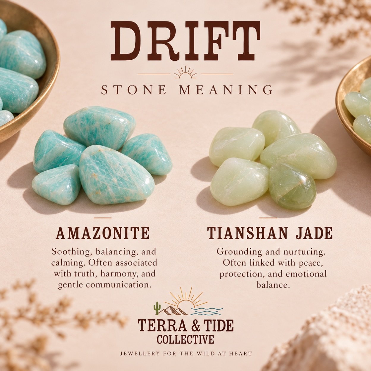 A little meaning behind Drift 🌊

Amazonite is traditionally associated with calm, clarity and self-expression.

Tianshan Jade is often linked to balance, harmony and inner peace.

Two beautiful stones, thoughtfully paired in one little piece of the 