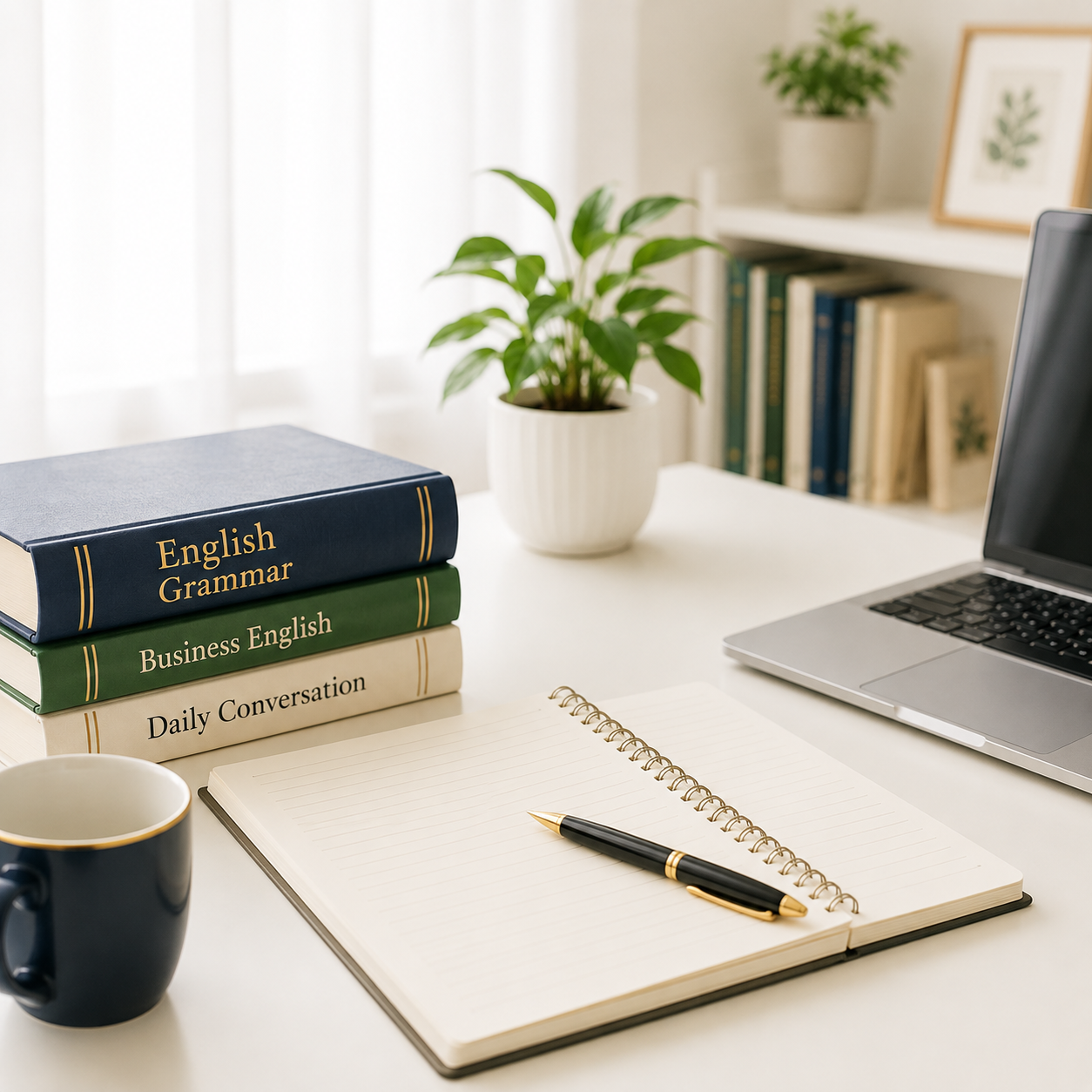 英語学習用の本、ノート、ペン、ノートパソコンが置かれた机