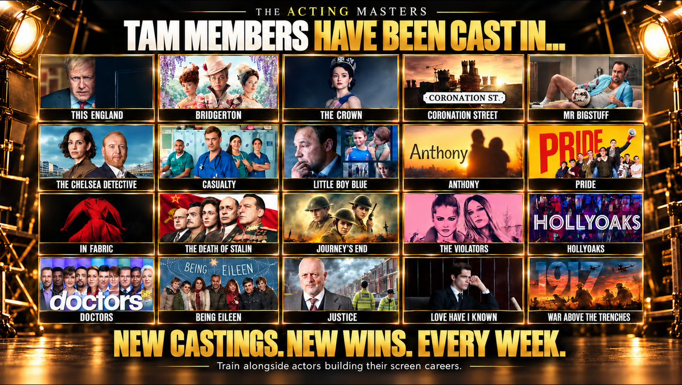 A selection of screen productions featuring members of The Acting Masters, including Bridgerton, The Crown and Coronation Street.